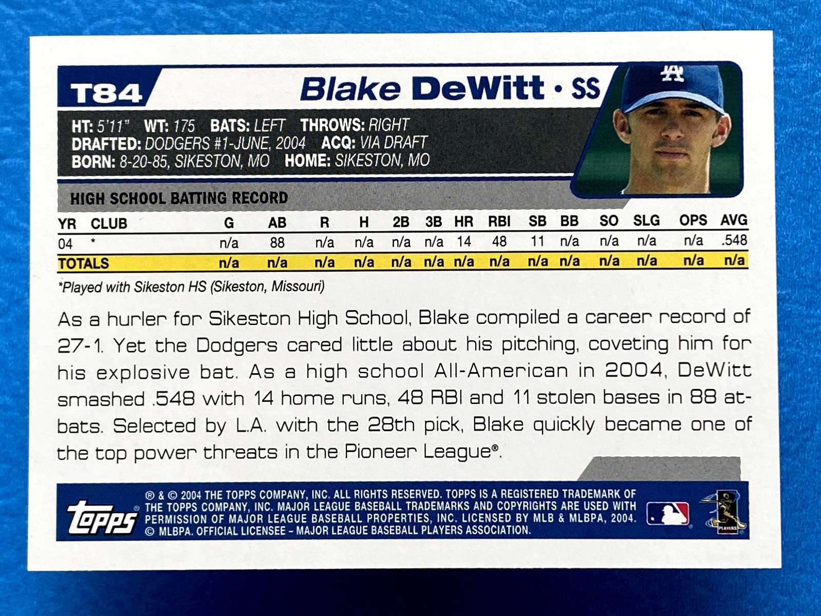 Blake DeWitt 2004 Topps Traded & Rookies #T84 Los Angeles Dodgers