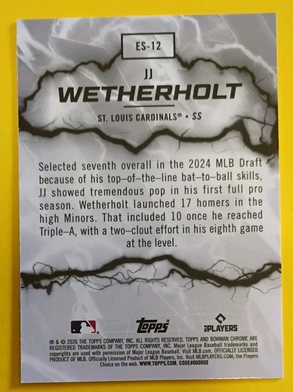 2026 Bowman JJ Weatherholt Electric Sluggers RC St. Louis Cardinals #ES-12