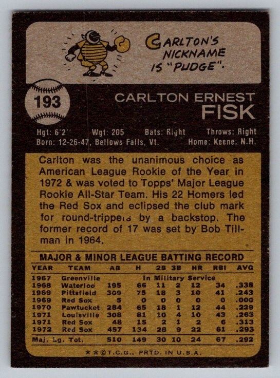 1973 Topps Set-Break #193 Carlton Fisk NR-MINT *JAYSACE*