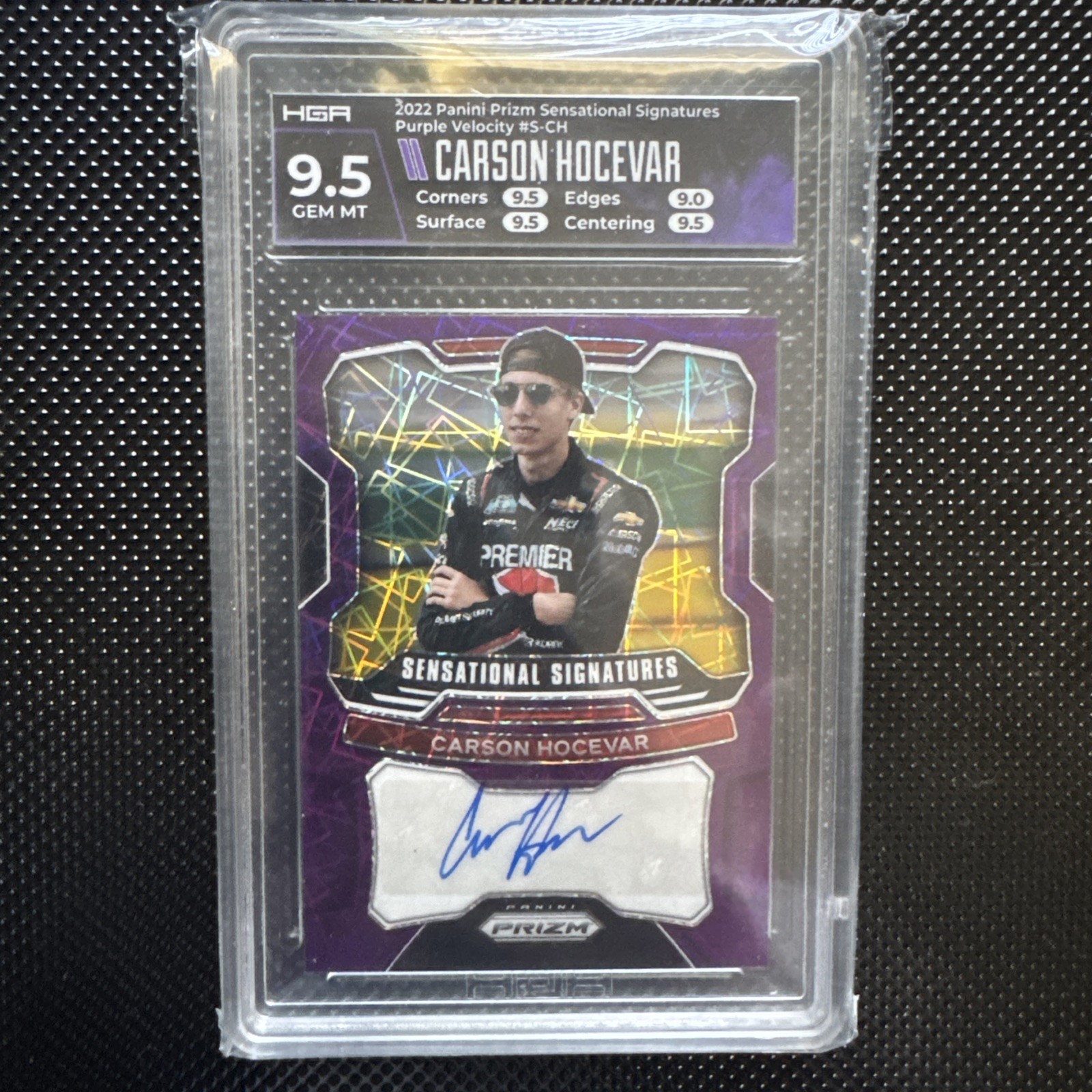 2022 Carson Hocevar RC AU!! Prizm Sensational Signatures Purple Velocity HGA 9.5