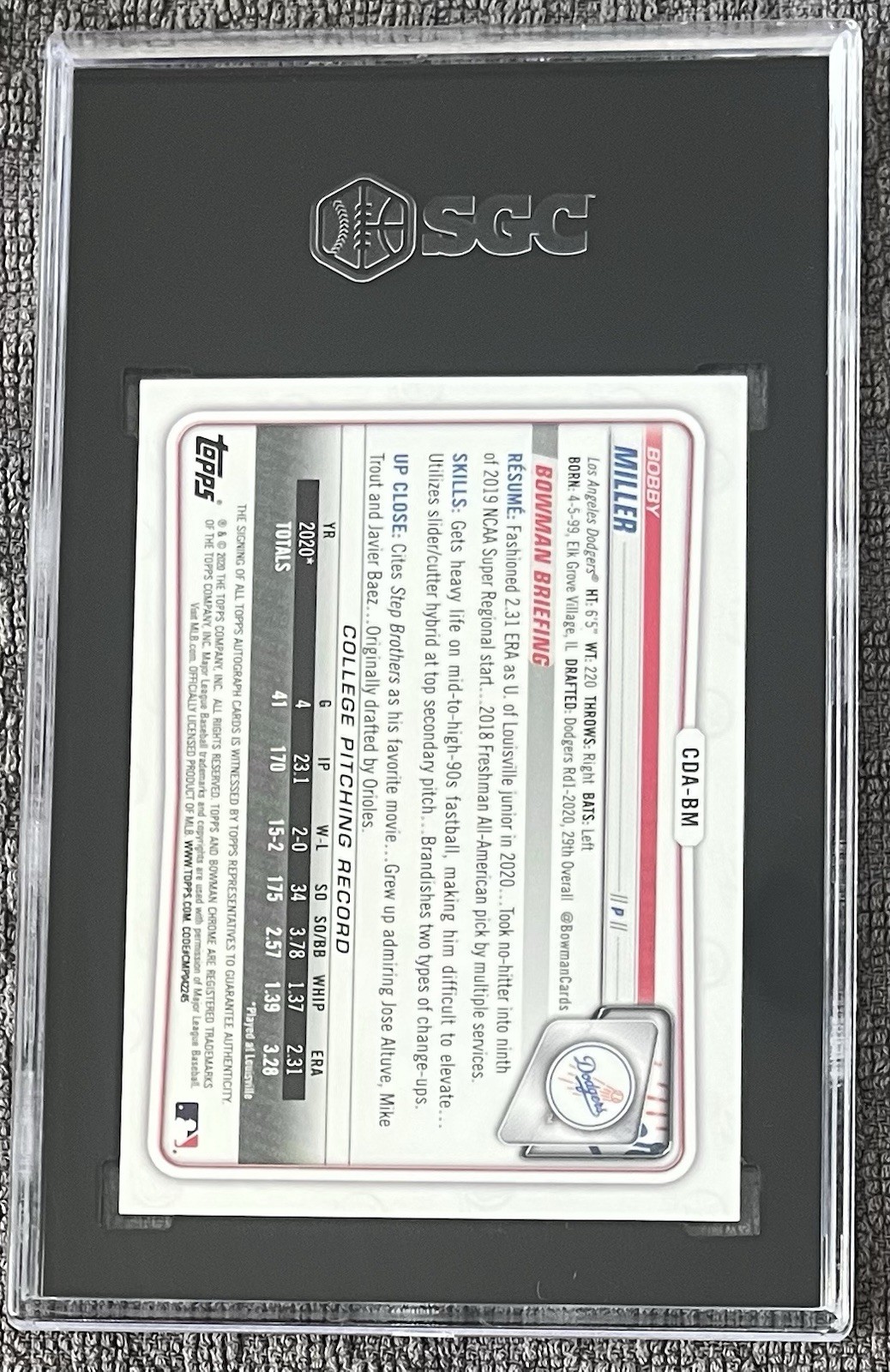 Dodgers Bobby Miller 2020 Bowman Chrome Purple Refractor /250 AUTO – SGC 9.5/10