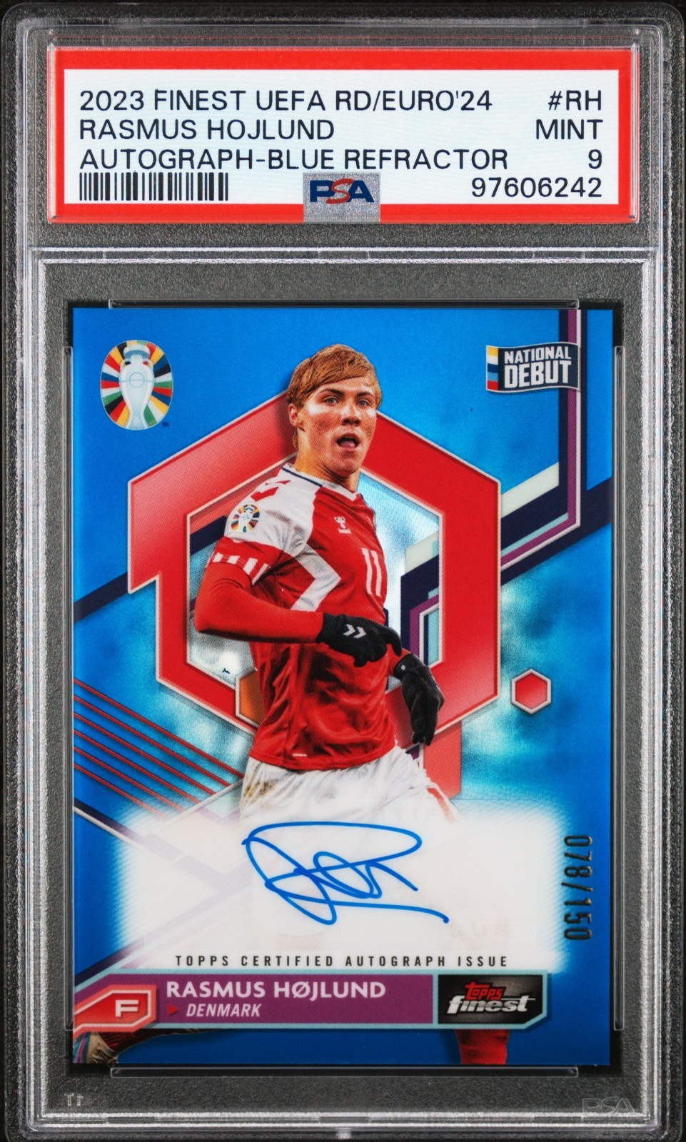 2023 Topps Finest Road to UEFA Euro 24 – Rasmus Hojlund Blue Refractor /150 (AU)