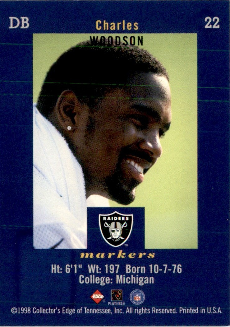 1998 Collector’s Edge First Place Markers Charles Woodson RC Oakland Raiders #22