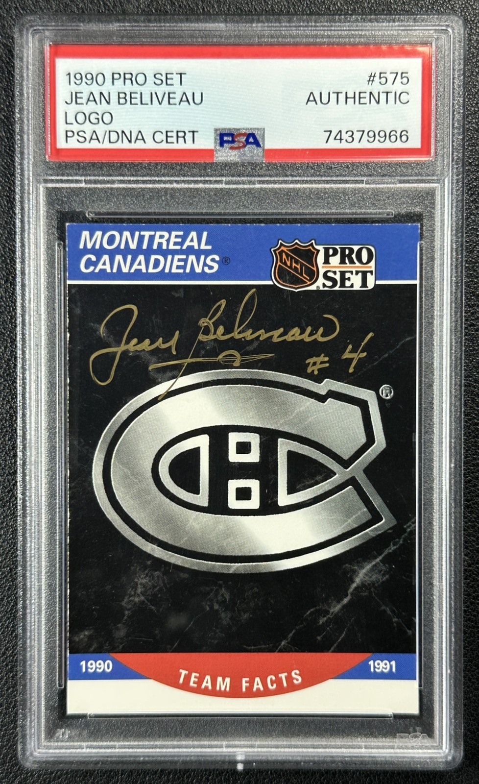JEAN BELIVEAU PSA DNA AUTHENTIC AUTOGRAPH 1990 PRO SET #575 NHL LOGO AUTO 9966