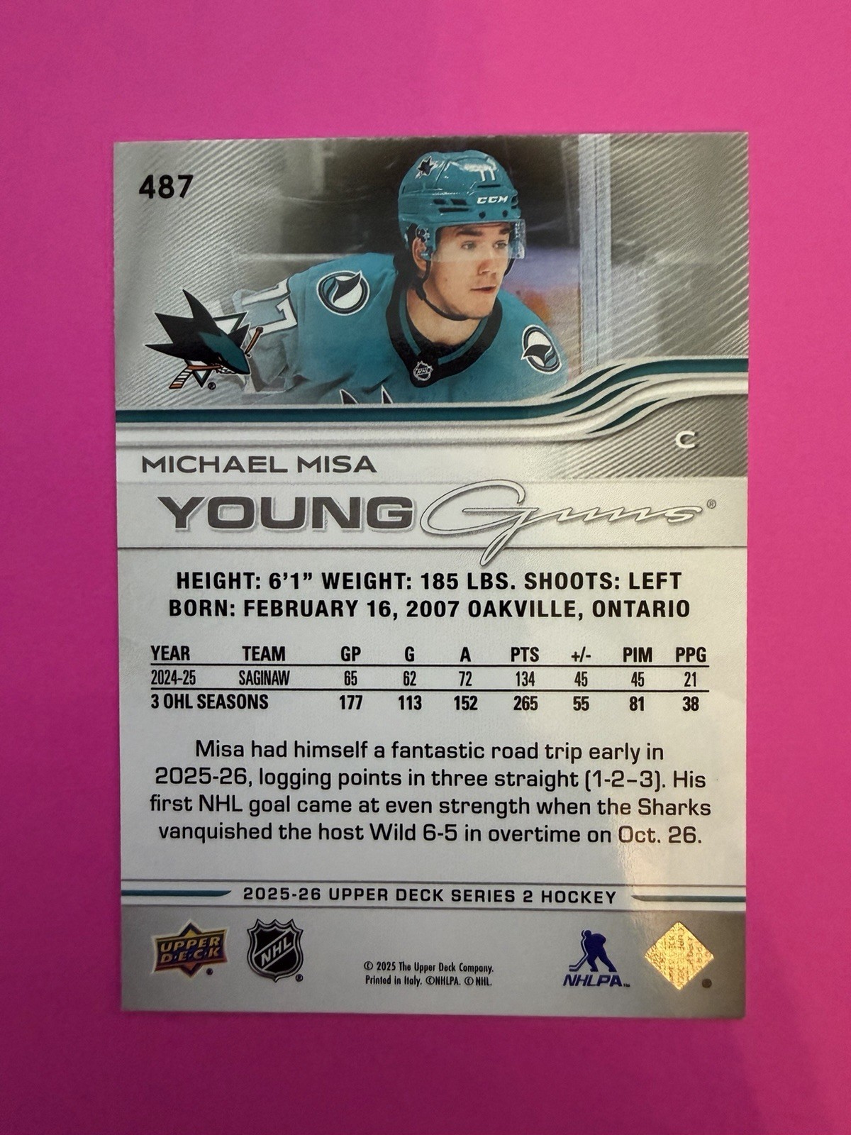 2025-26 UPPER DECK YOUNG GUNS #487 MICHAEL MISA – SAN JOSE SHARKS