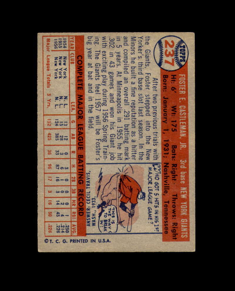 Foster Castleman Signed Original 1957 Topps New York Giants Autograph
