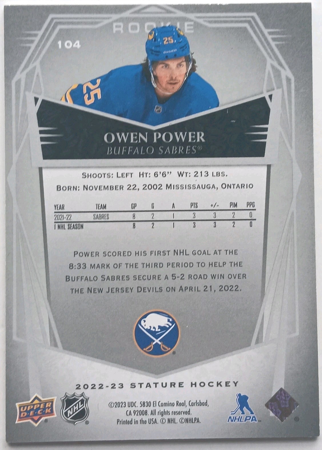 2022-23 UD Stature Design Variant Rookie Owen Power /65 Buffalo Sabres RC