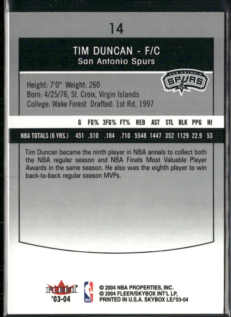 Tim Duncan 2003-04 SkyBox LE #14 Retail San Antonio Spurs