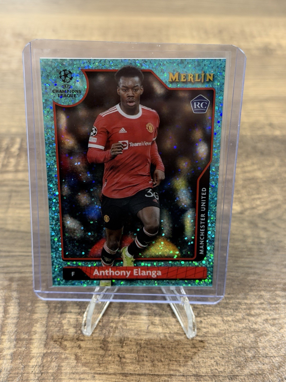 Anthony Elanga 2021-22 Topps Merlin Chrome UEFA Aqua Speckle Refractor RC /199