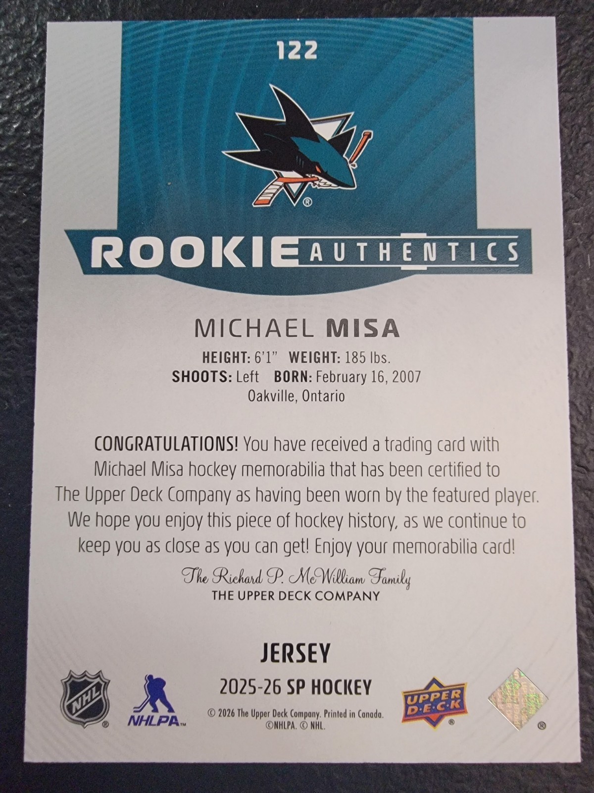 2025-26 SP Michael Misa #122 Rookie Authentics Jersey Patch