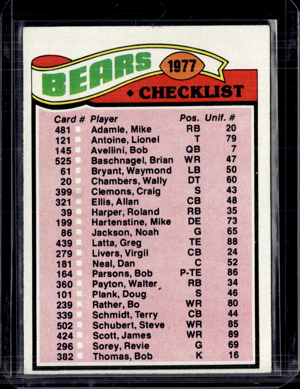 1977 Topps Football #204 Chicago Bears Team Checklist EX/EX-MINT (unmarked)