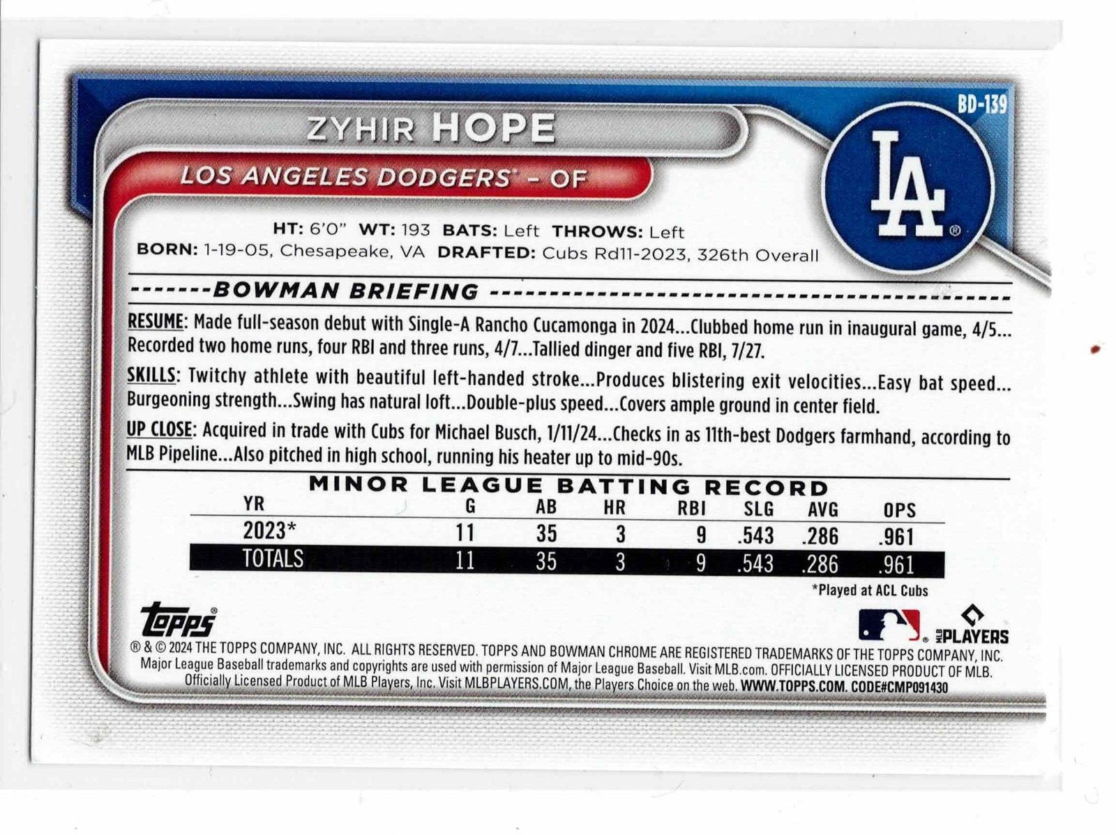 Zyhir Hope Los Angeles Dodgers 2024 Bowman Draft 1st Bowman