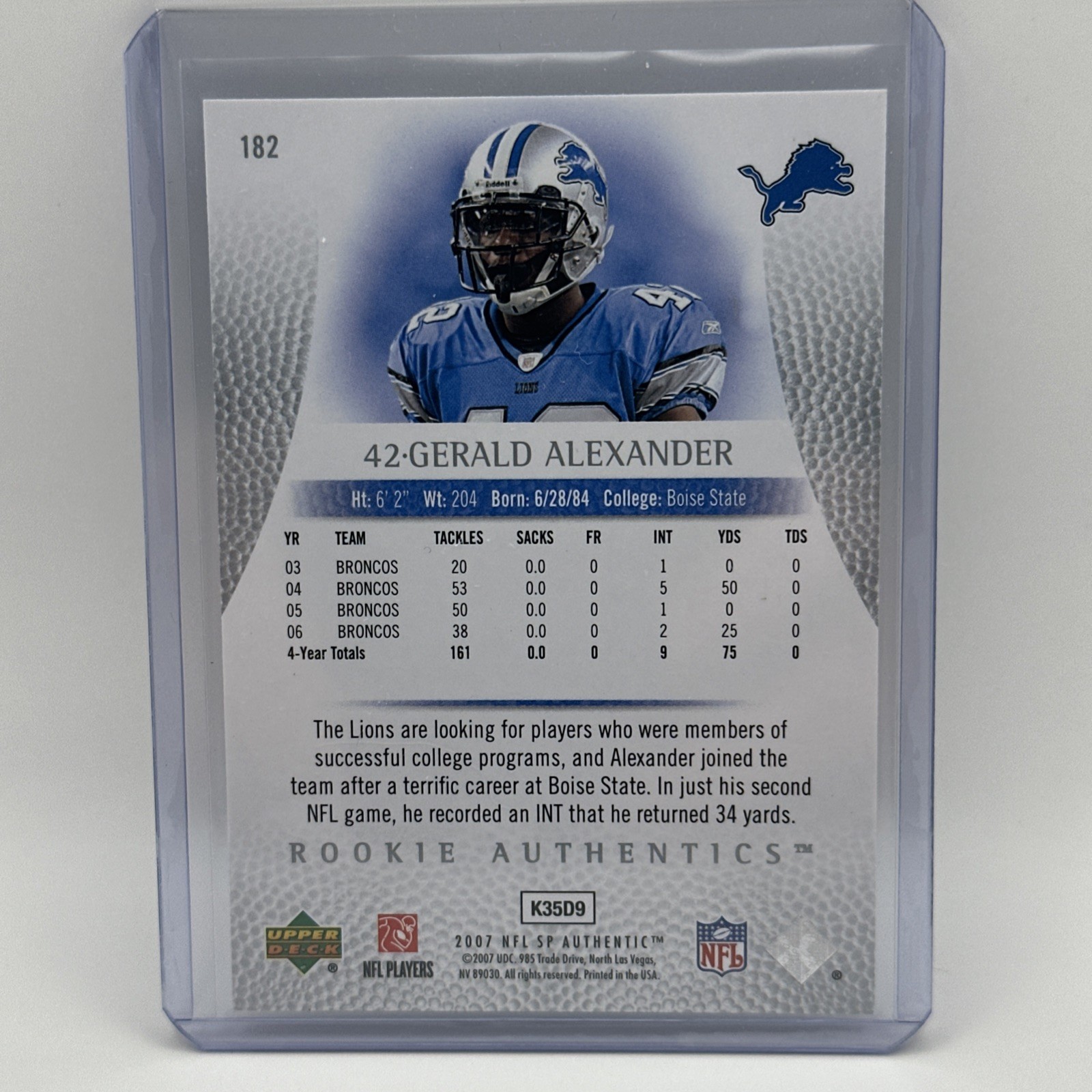 2007 SP Authentic – Rookie Authentics Gerald Alexander #182 /999 (RC) Lions