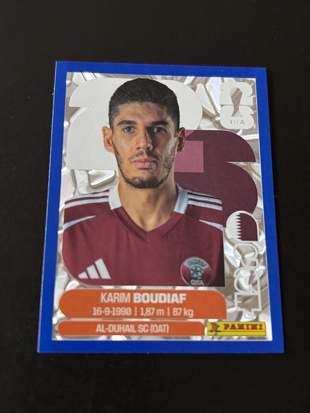 2026 Panini FIFA World Cup Karim Boudiaf QAT 10 Sticker Blue Crumple Exclusive