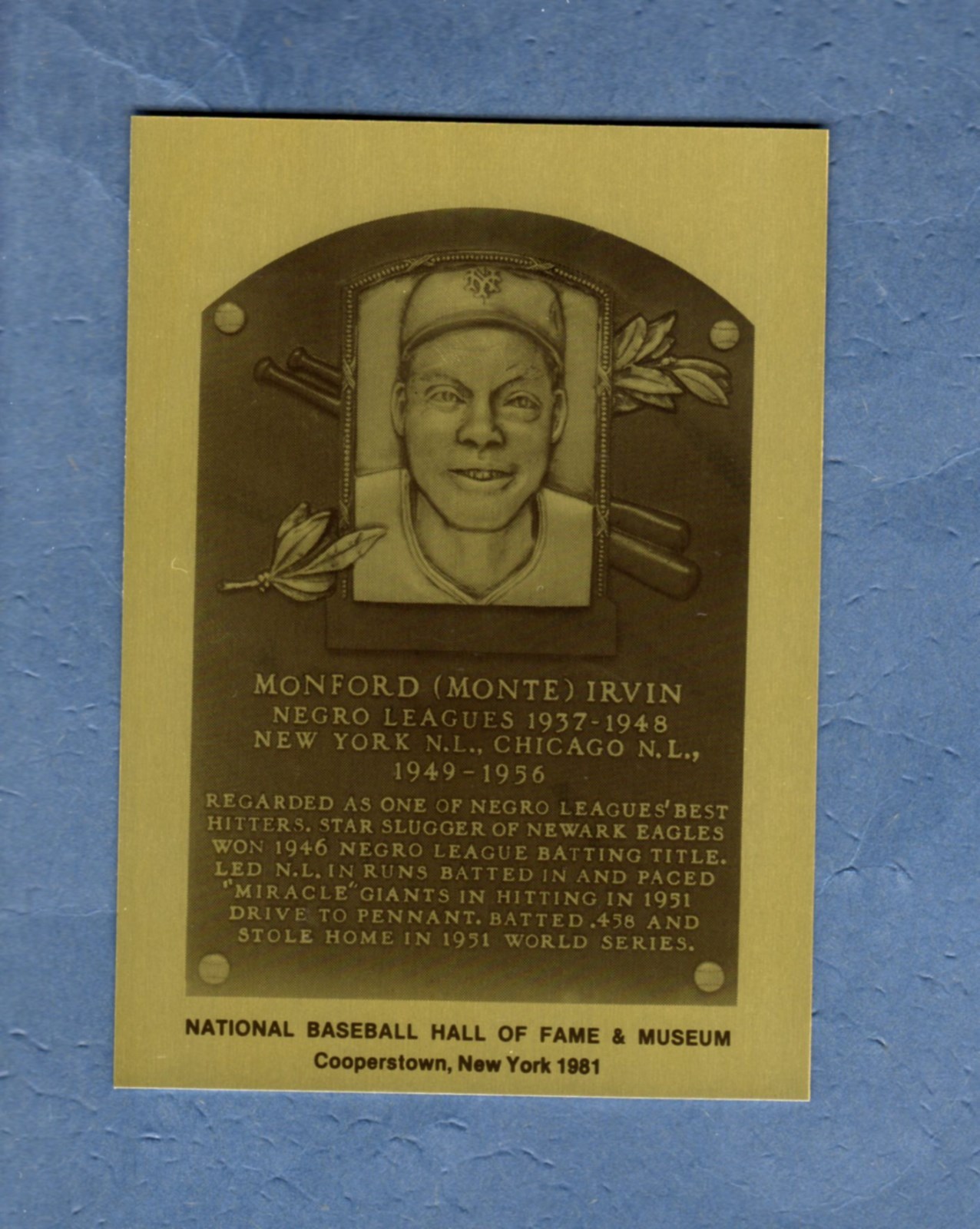 MONTE IRVIN, Giants~Cubs & Negro League~Official Hall of Fame METAL plaque-card