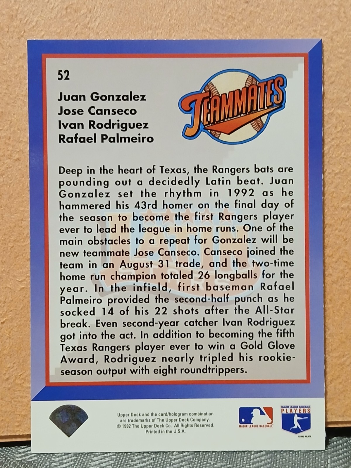 LATIN STARS CANSECO/PALMEIRO/RODRIGUEZ/GONZALEZ 1993 UPPER DECK #52