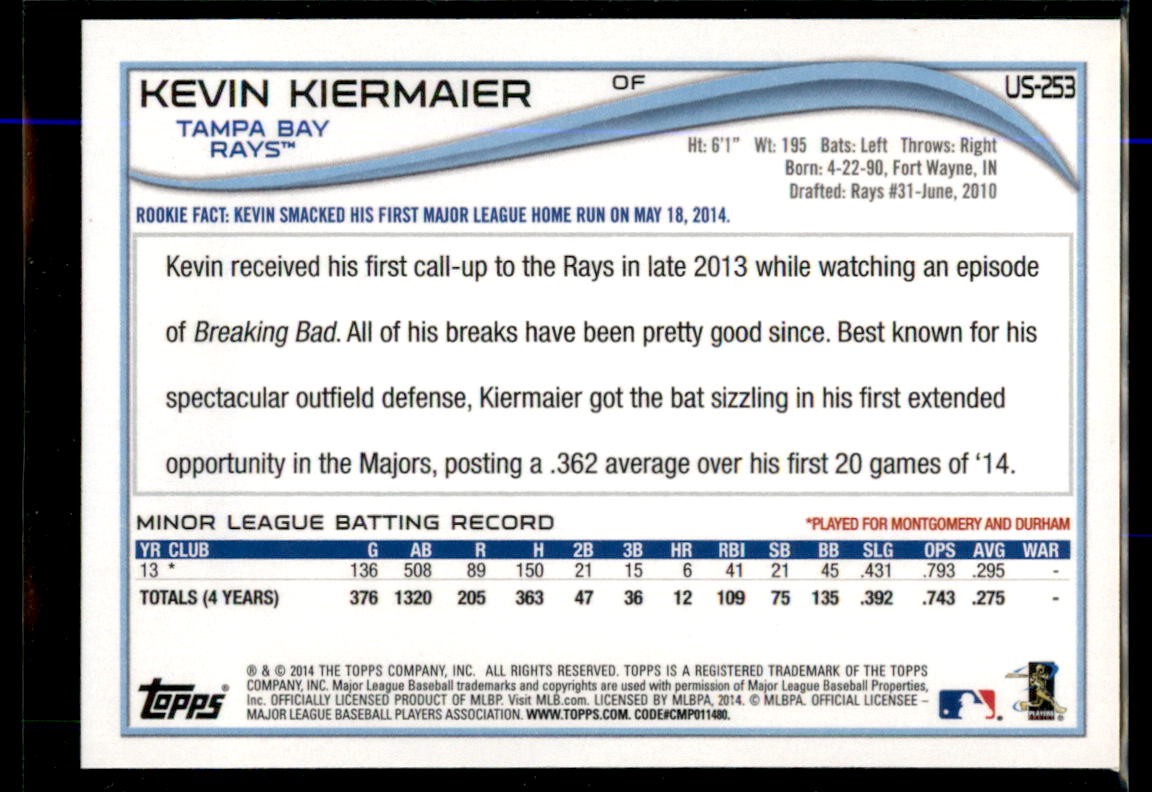 2014 Topps Update Kevin Kiermaier RC #US-253 Tampa Bay Rays