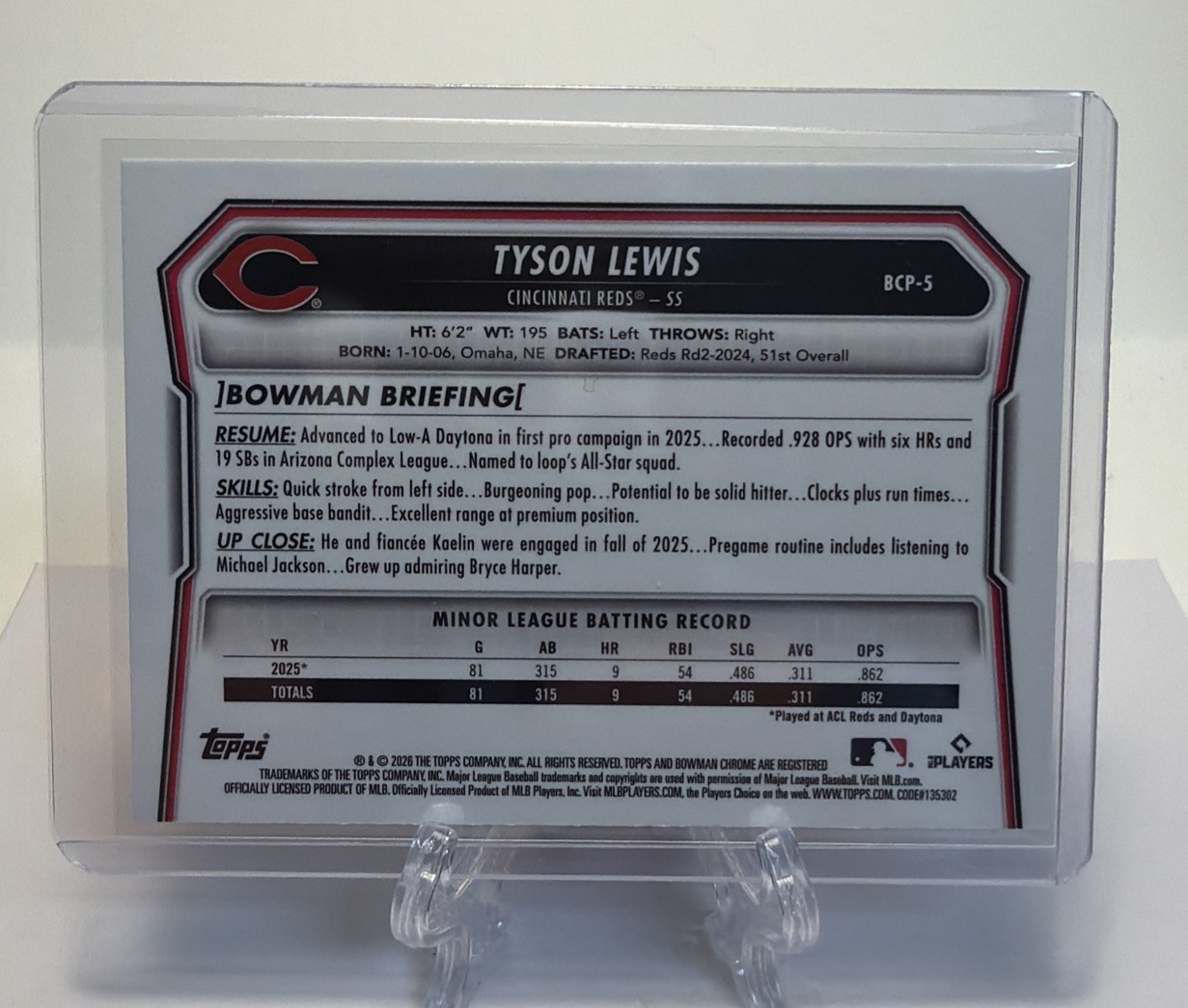 2026 Bowman Chrome Tyson Lewis #BCP-5 Blue Geometric 120/150 Reds