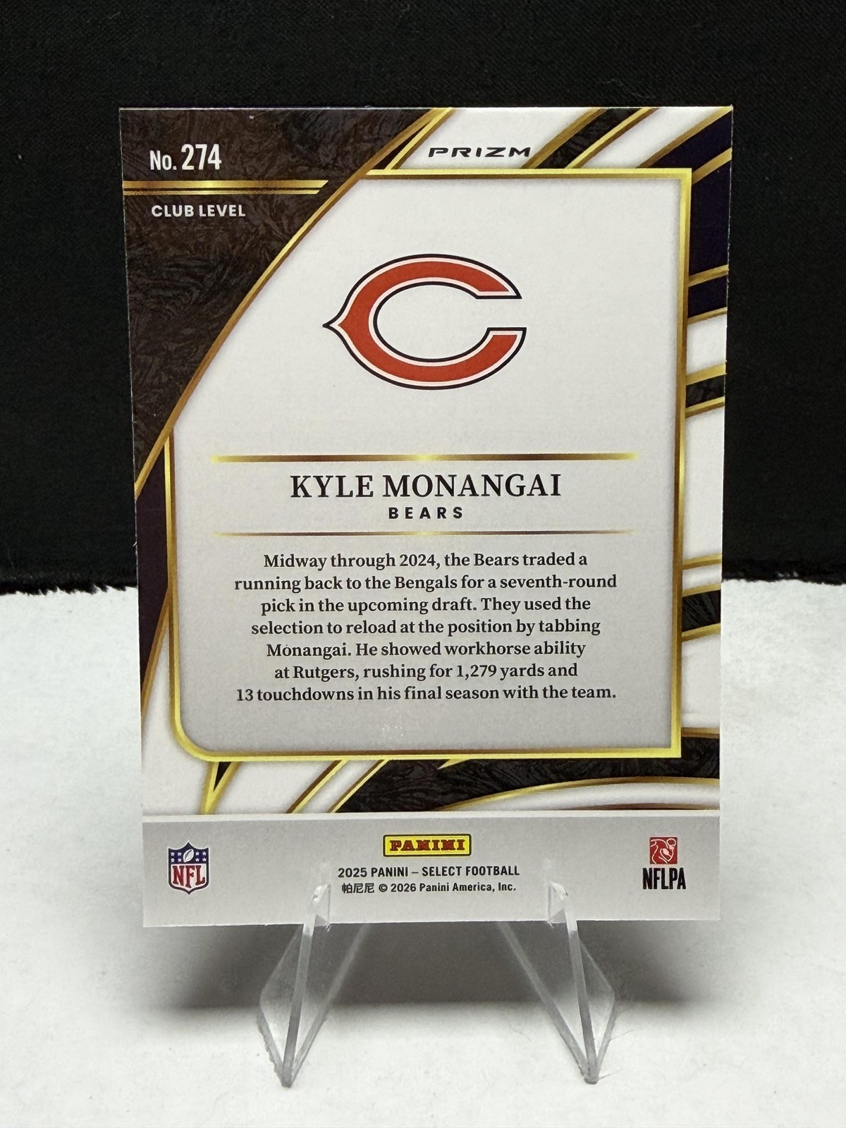2025 Panini Select #274 Kyle Monangai Black and Gold Prizm Shock