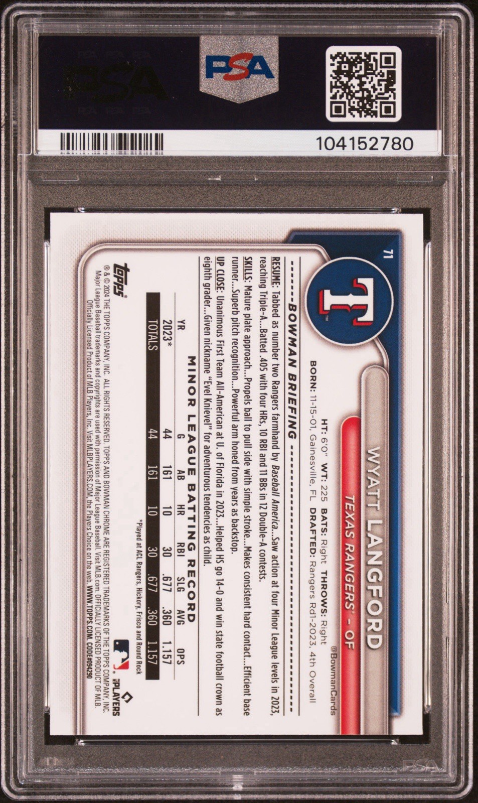 2024 Bowman Chrome Mega Box #71 Wyatt Langford PSA 10