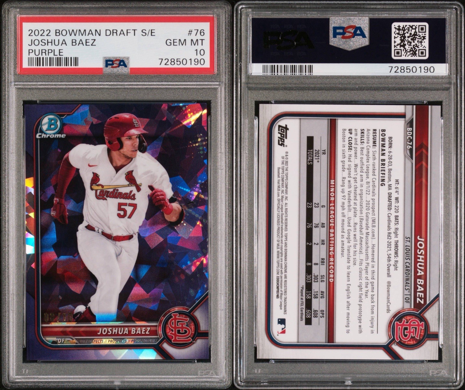 2022 Bowman Chrome Draft Sapphire Purple Joshua Baez RC Rookie /10 PSA 10 POP 1