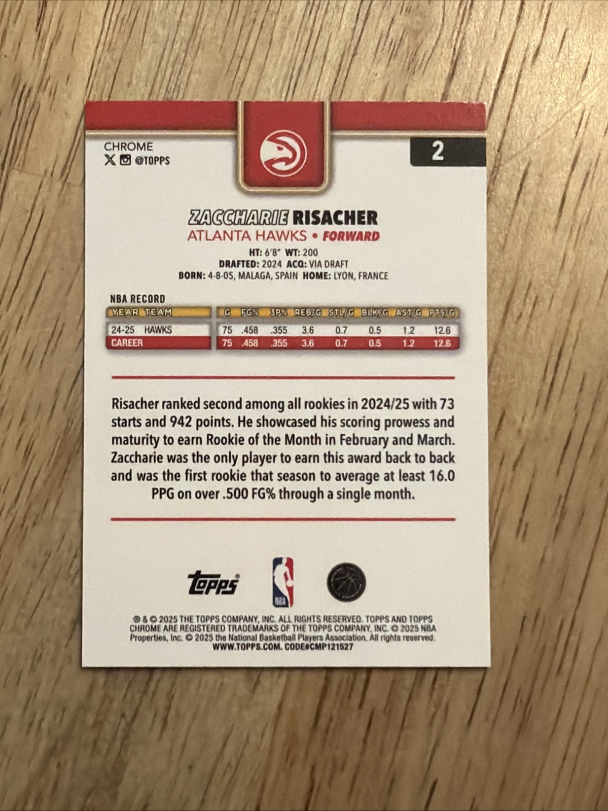 Zaccharie Risacher 2025-26 Topps Chrome #2 Aqua Refractor /199 Atlanta Hawks