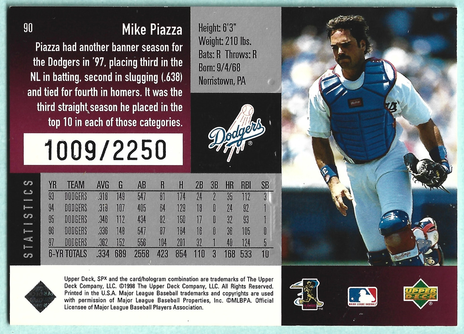 1998 SPx Finite – Spectrum – Mike Piazza – #90 – Los Angeles Dodgers – NrMt