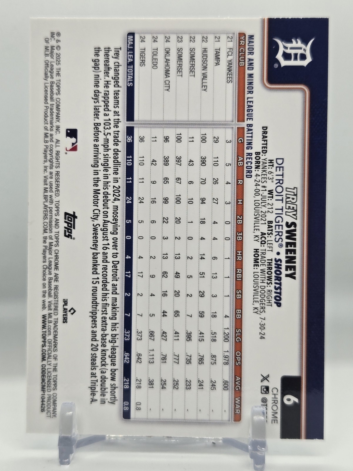 2025 Topps Chrome #6 Trey Sweeney Blue Raywave Refractor /150 Tigers