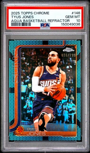 2025-26 Topps Chrome – Tyus Jones #146 Aqua Basketball Refractor /199 PSA 10