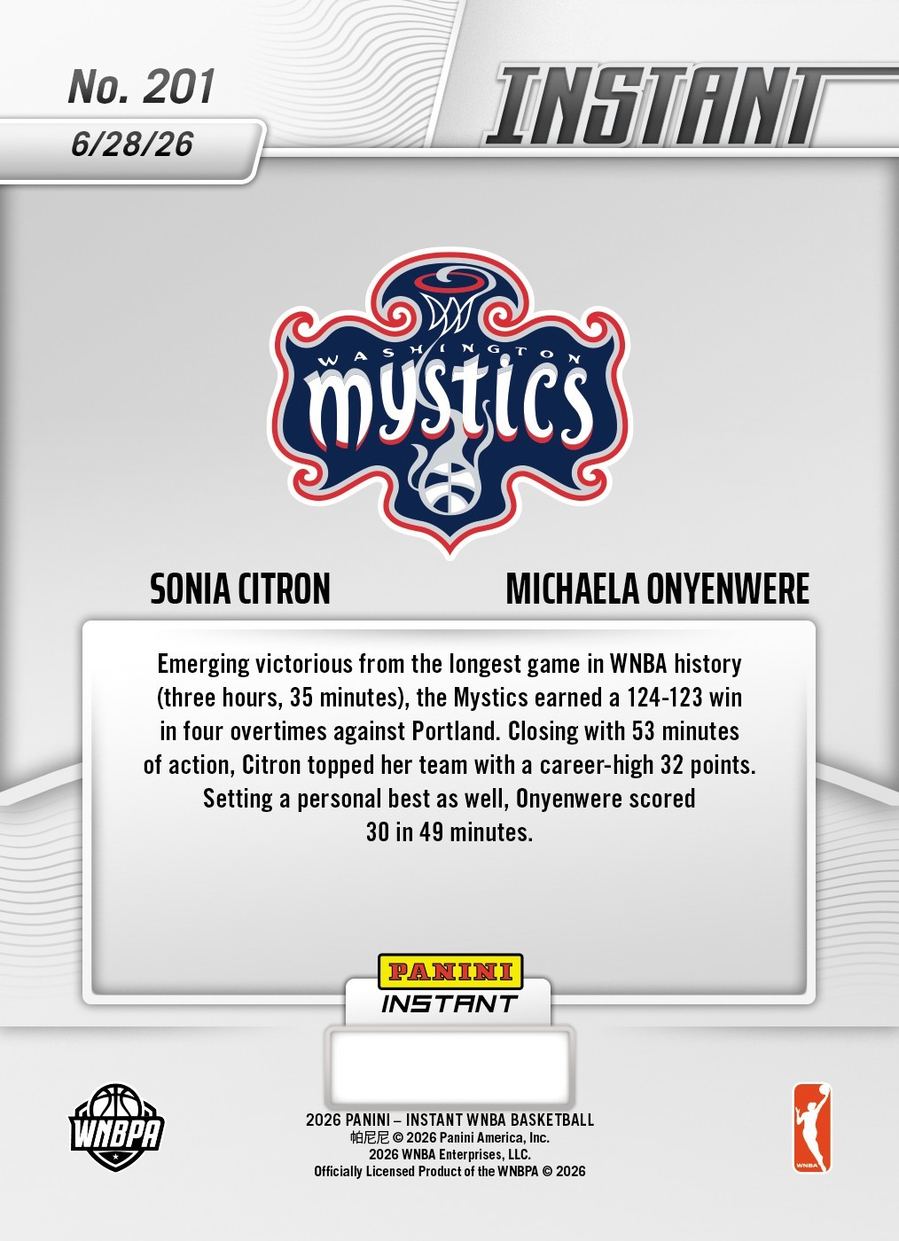 PRESALE 2026 Panini Instant WNBA Sonia Citron/Michaela Onyenwere #201 ~ Mystics