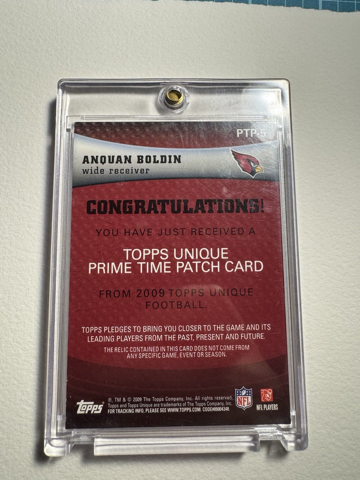 2009 Topps Unique Anquan Boldin Game Used NFL PATCH LOGO PTP-5 Cardinals