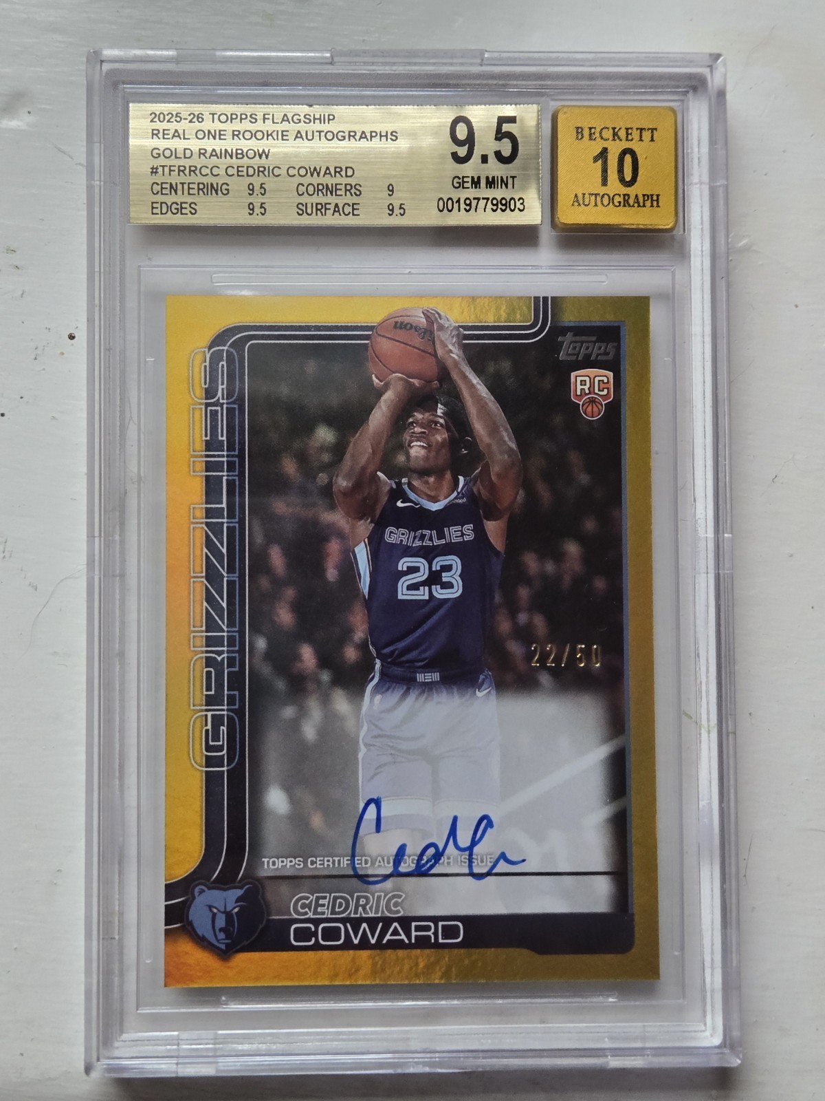 Topps 2025-26 Flagship Cedric Coward RC Auto Gold Rainbow 22/50 BGS 9.5 POP 1!