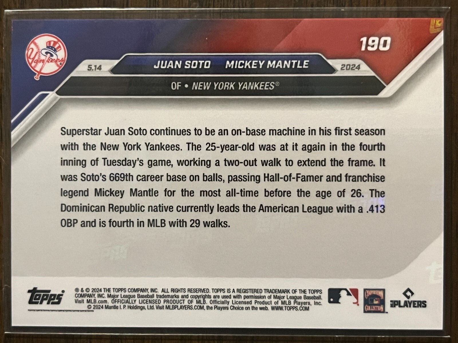 2024 Topps Now #190 Juan Soto Mickey Mantle New York Yankees