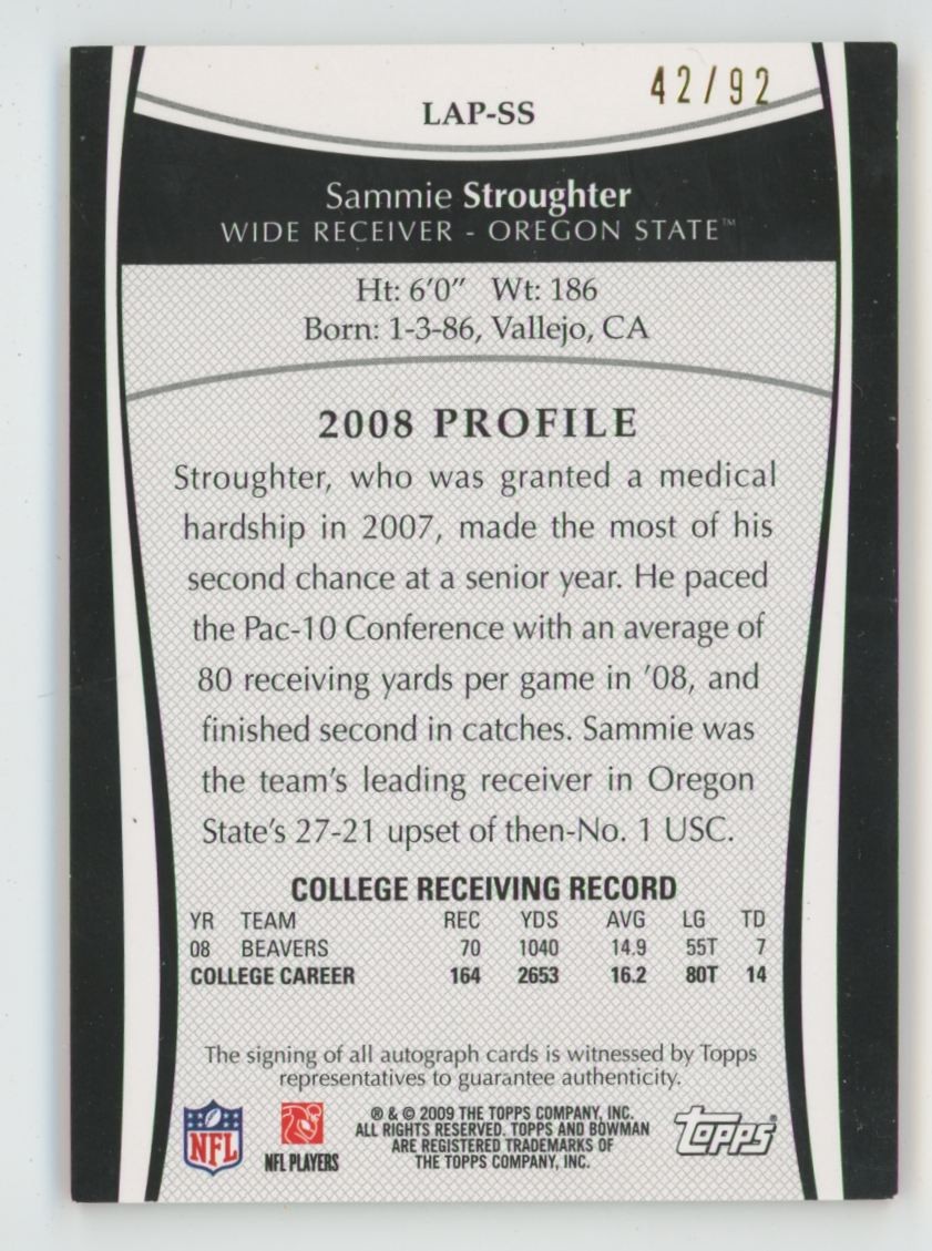 Sammie Stroughter 2009 Topps College Letter Patch R Auto /92 Jersey #LAP-SS