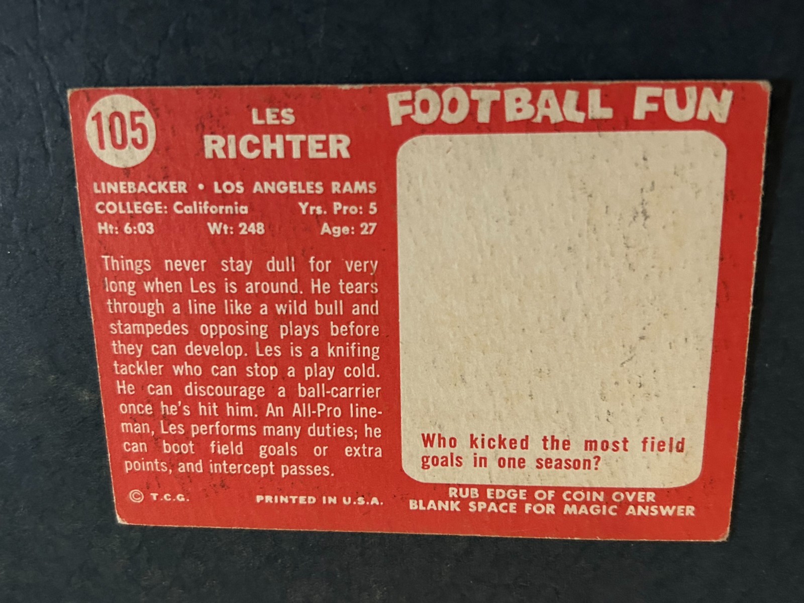 1958 Topps #105 Les Richter Los Angeles Rams VG/VG+. Free Shipping