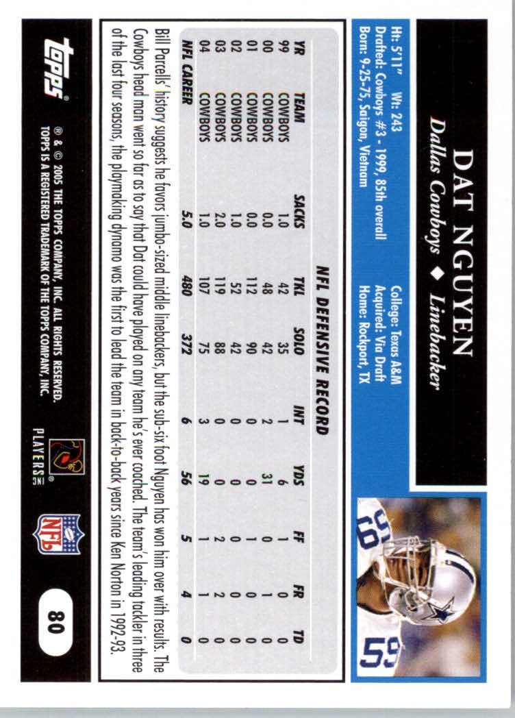 2005 Topps Football #80 Dat Nguyen – Dallas Cowboys