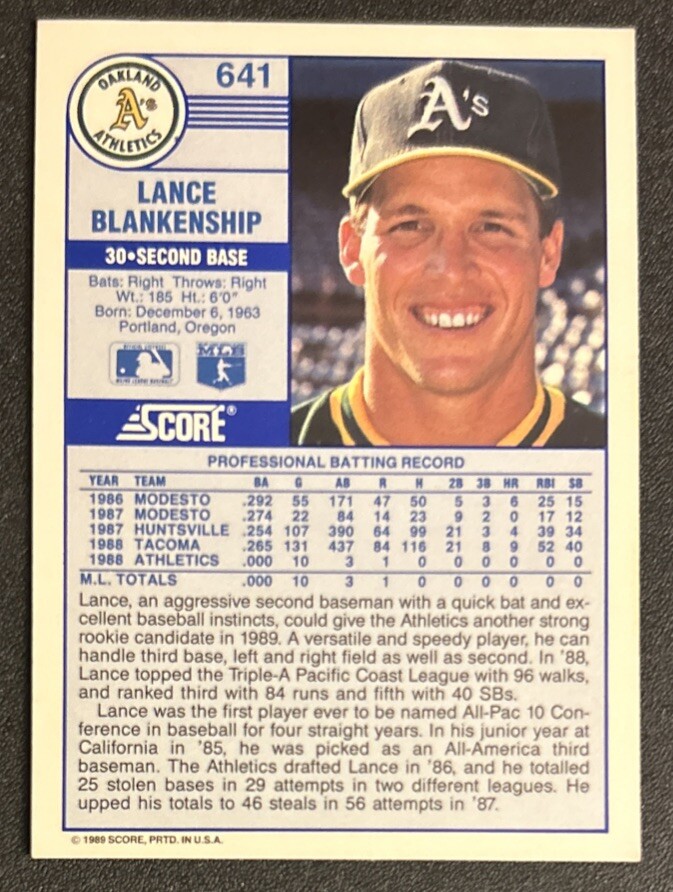 1989 Score Lance Blankenship Baseball Rookie Card (RC) #641 Athletics 2B VG O/C