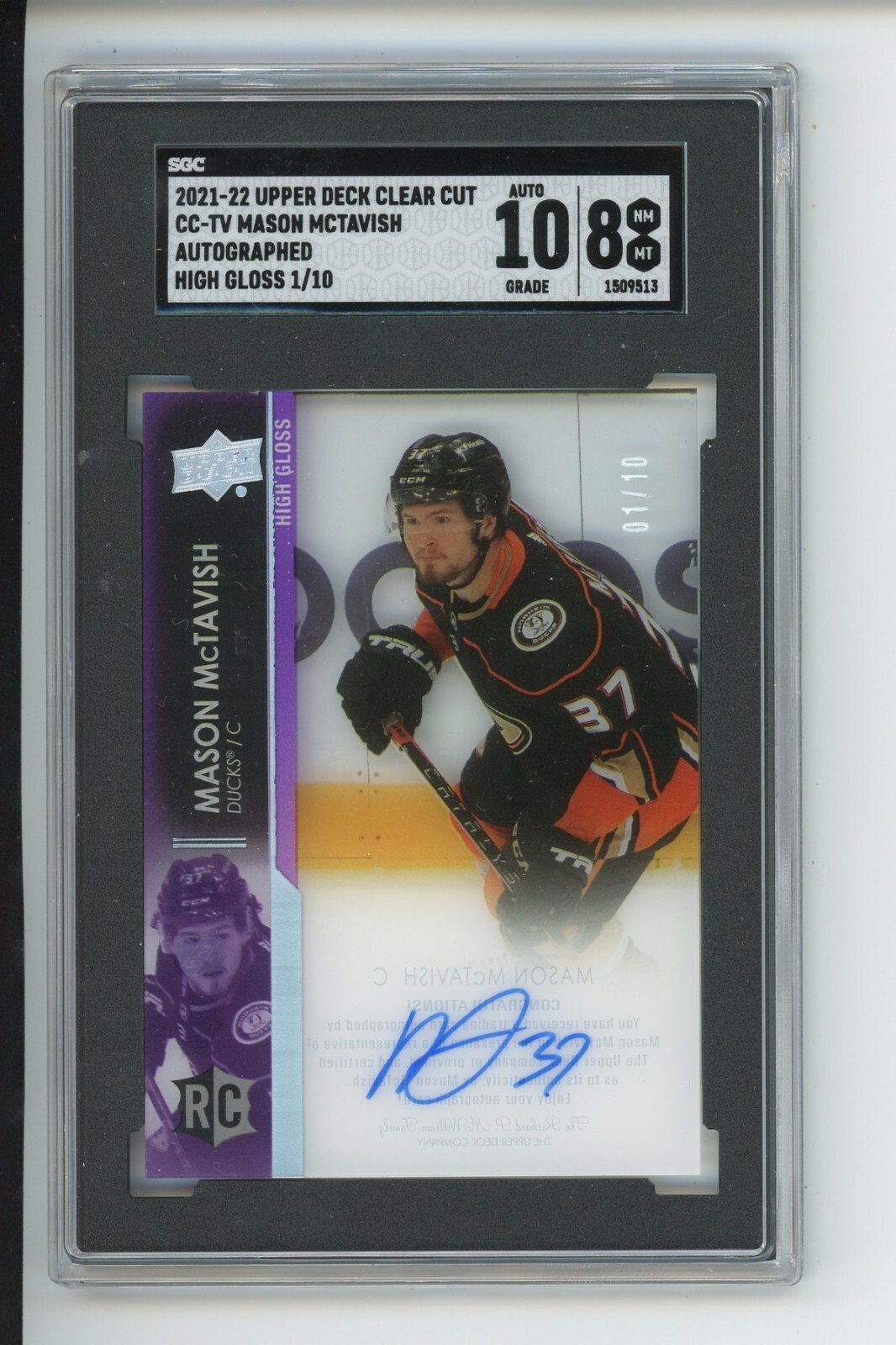 SGC 8 Auto 10 Mason McTavish Rookie 2021-22 UD Clear Cut High Gloss 1/10 RC