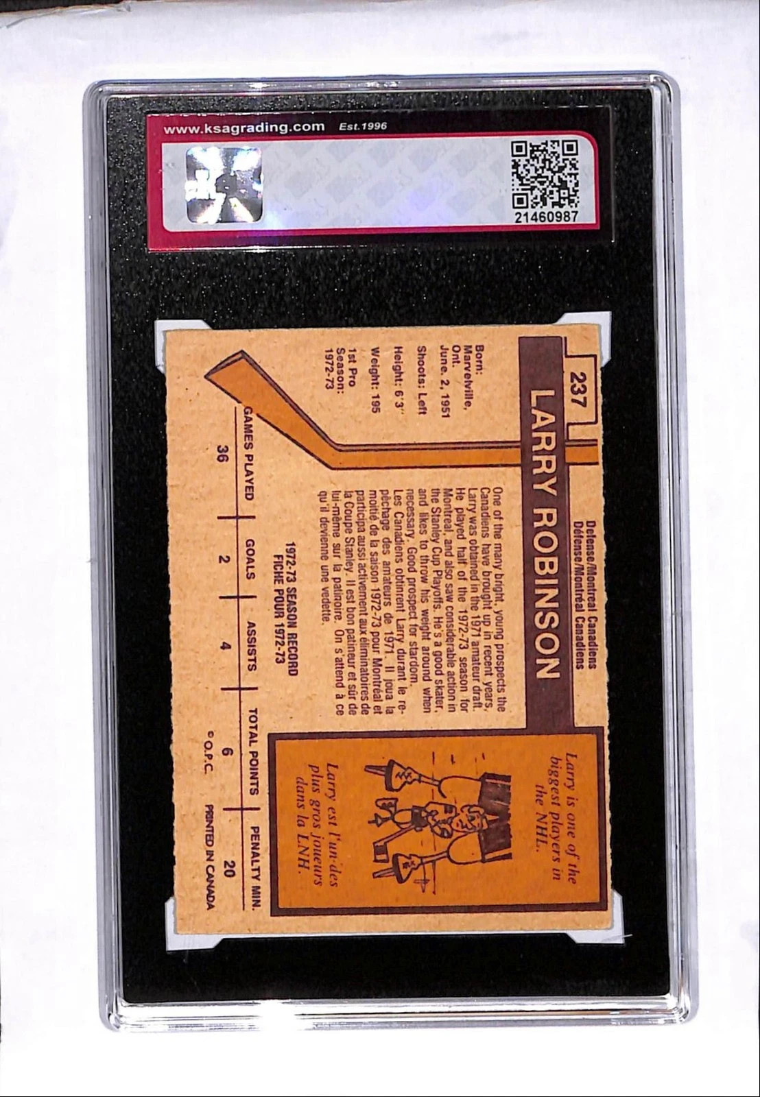 1973-74 O-Pee-Chee OPC Larry Robinson Rookie Rec Recrue KSA 6.5 . #237