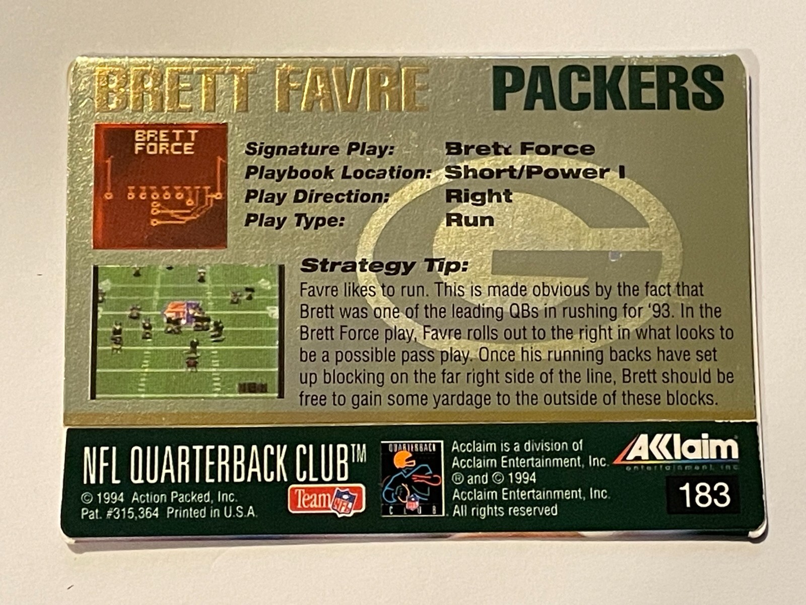 1994 Action Packed Football #183 – Brett Favre QBC – Green Bay Packers