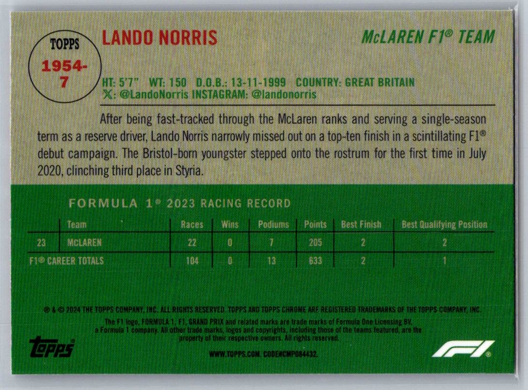 2024 Topps Chrome Formula 1 Lando Norris 1954 Topps #1954-7