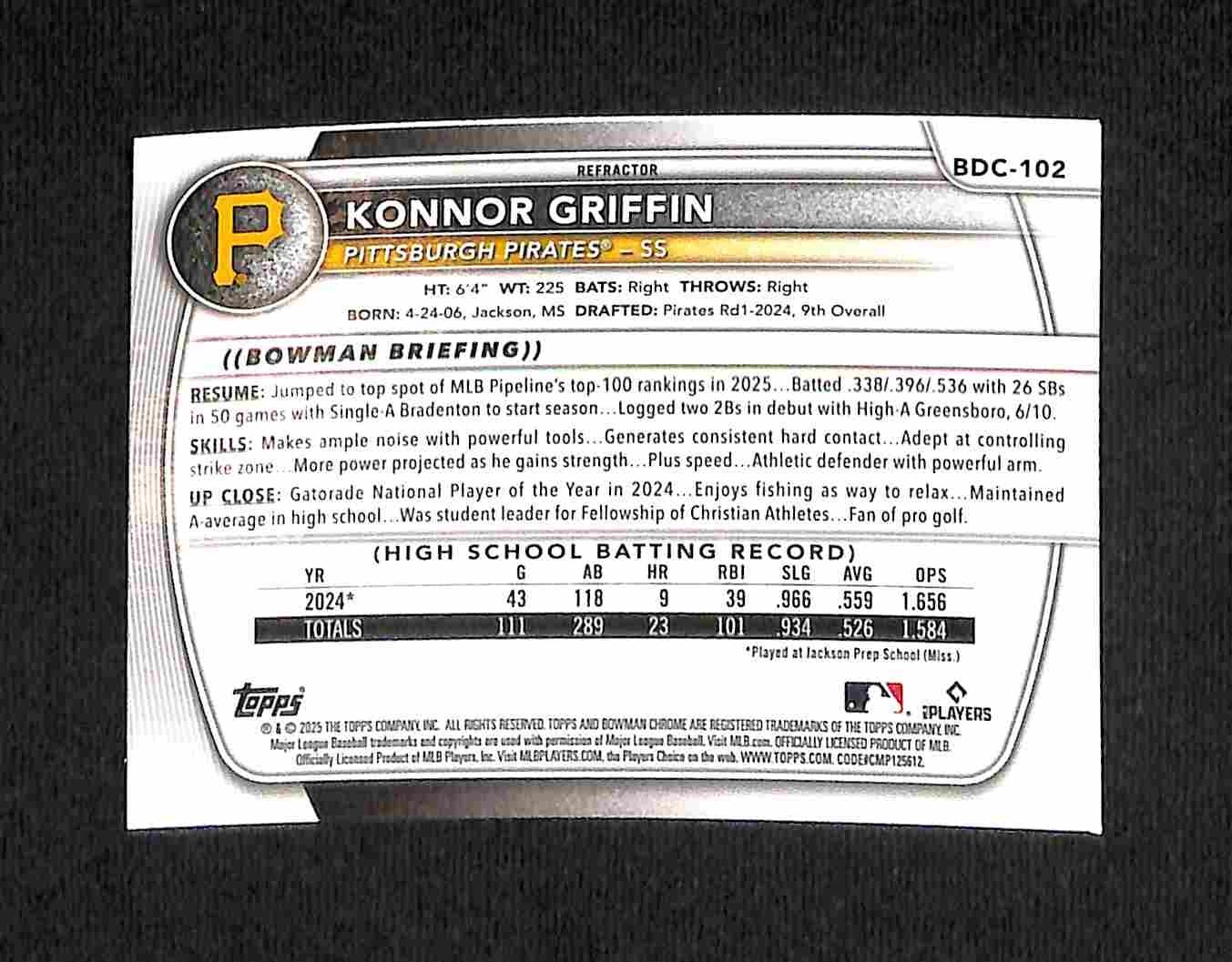 2025 Bowman Draft – Chrome Konnor Griffin #BDC-102 Refractor Pirates