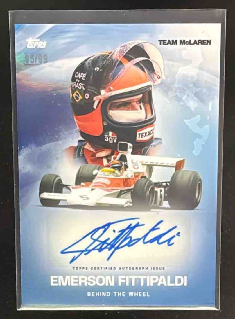 2025 Topps Mclaren Racing Emerson Fittipaldi Behind the Wheel Auto Blue /99