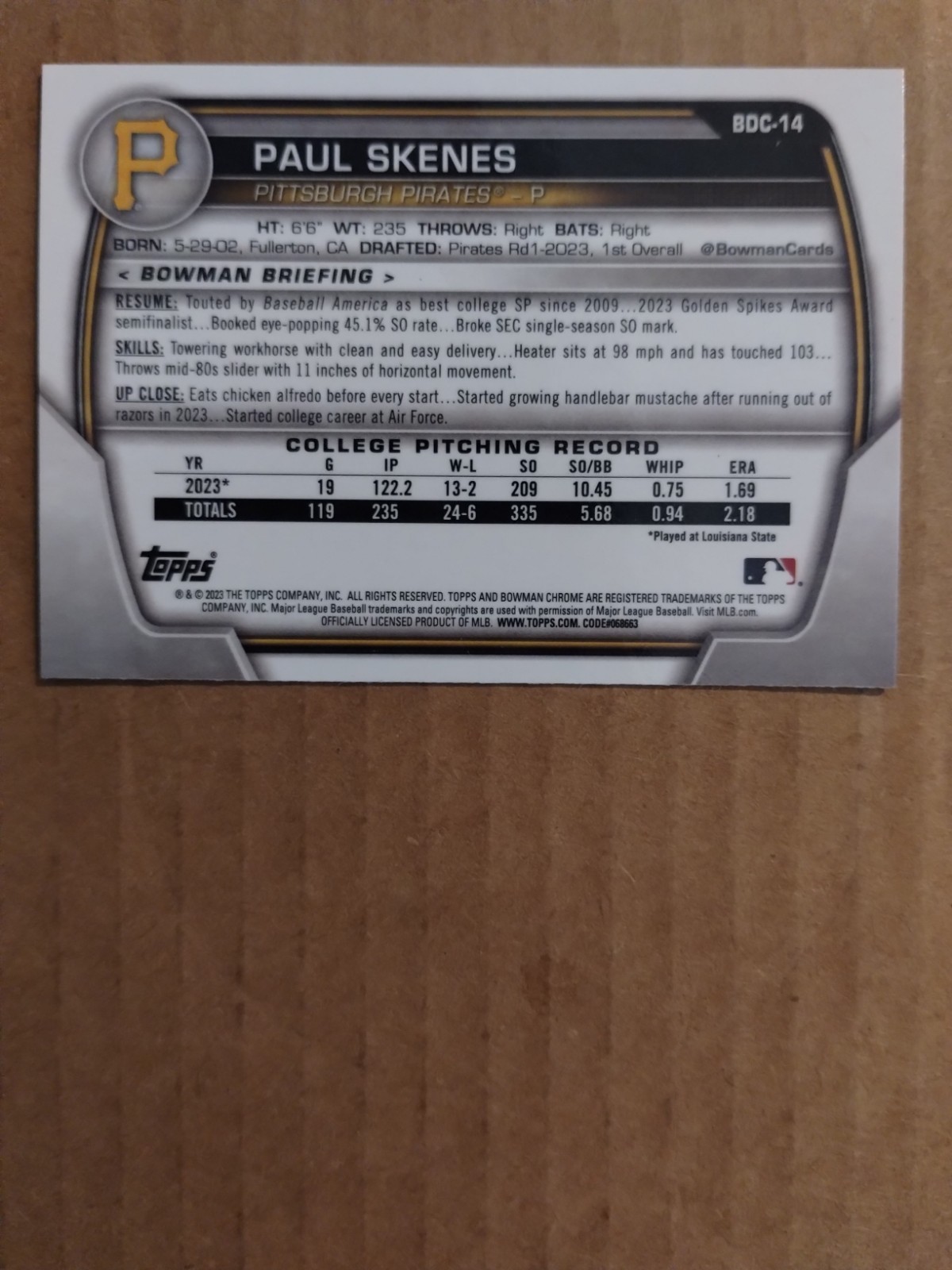 2023 BOWMAN CHROME PAUL SKENES BASE 1ST BOWMAN RC