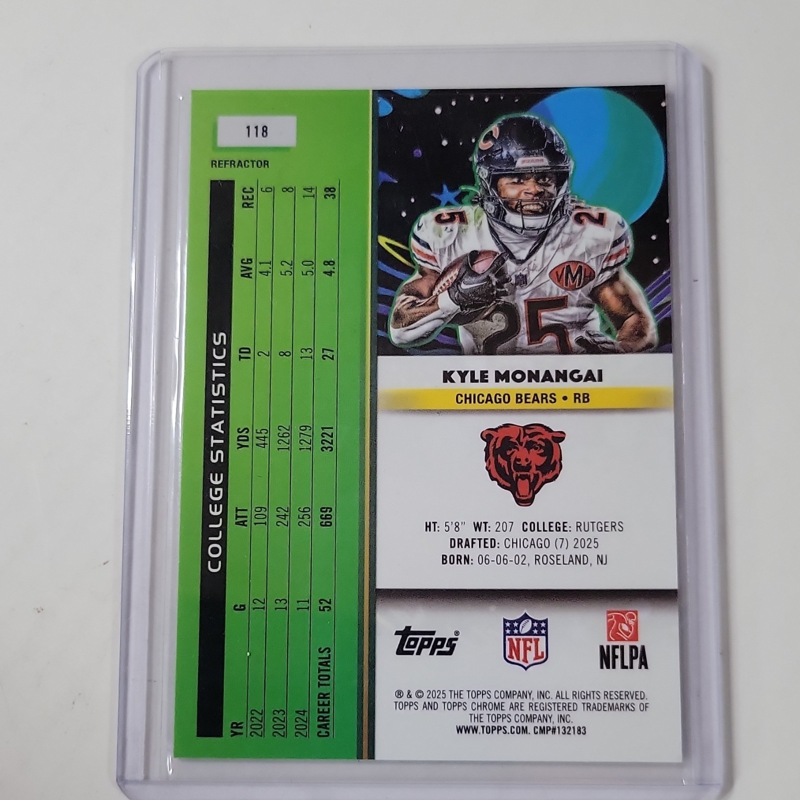 💎Topps 2025 Topps Chrome Kyle Monangai Rookie Refractor #118 Chicago Bears💎