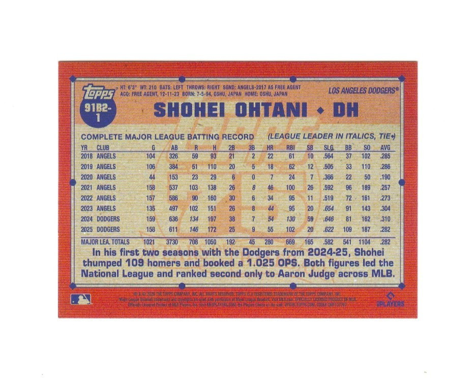 SHOHEI OHTANI 2026 TOPPS 75 CRACKLE FOIL INSERT #91B2-1 LA DODGERS MVP