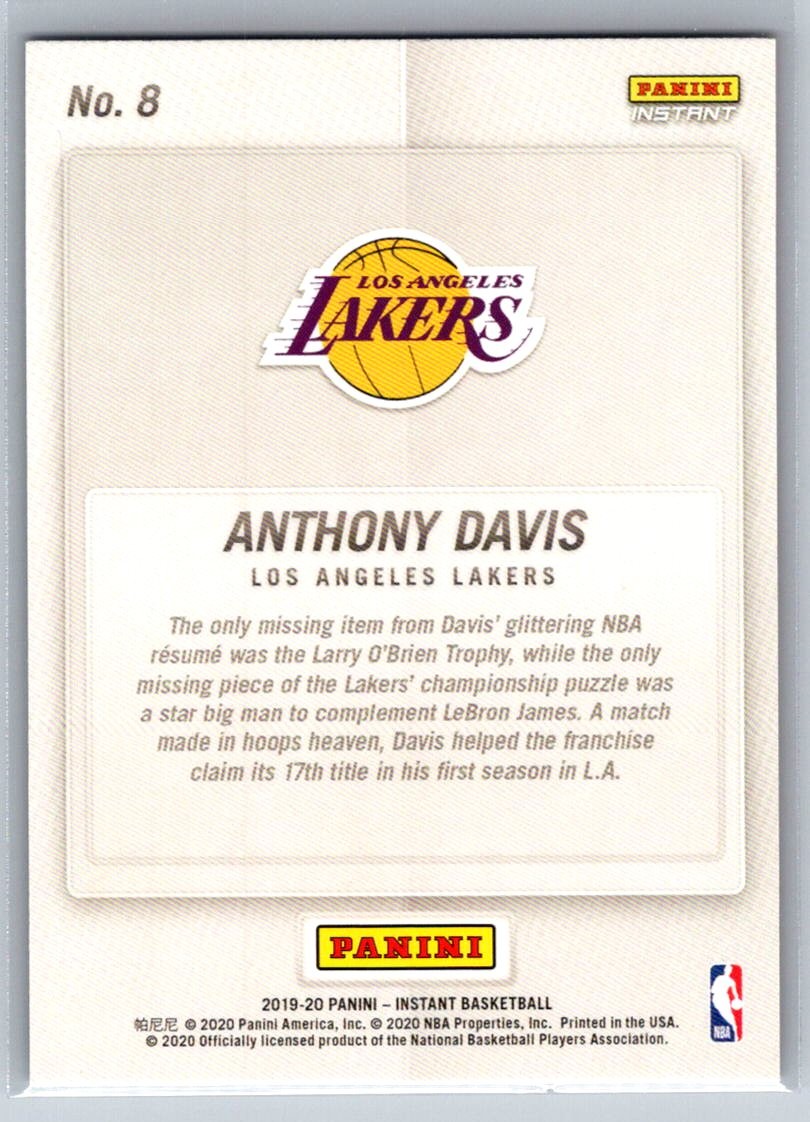 2019-20 Panini Instant NBA Champions #8 Anthony Davis Los Angeles Lakers