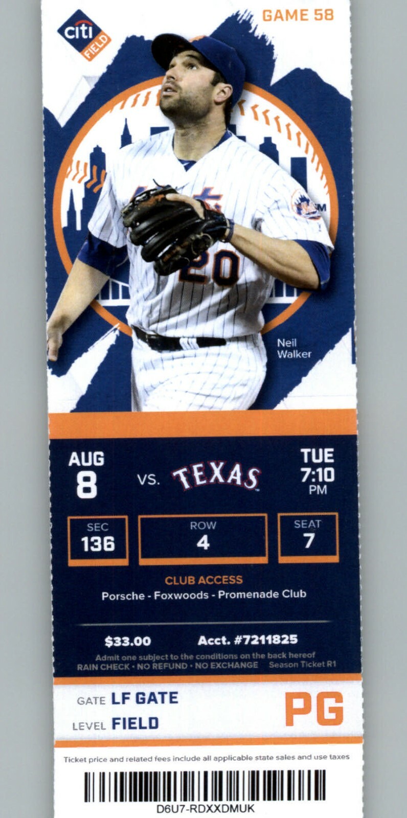 Texas Rangers vs New York Mets 8/8/2017 Full Ticket – Neil Walker