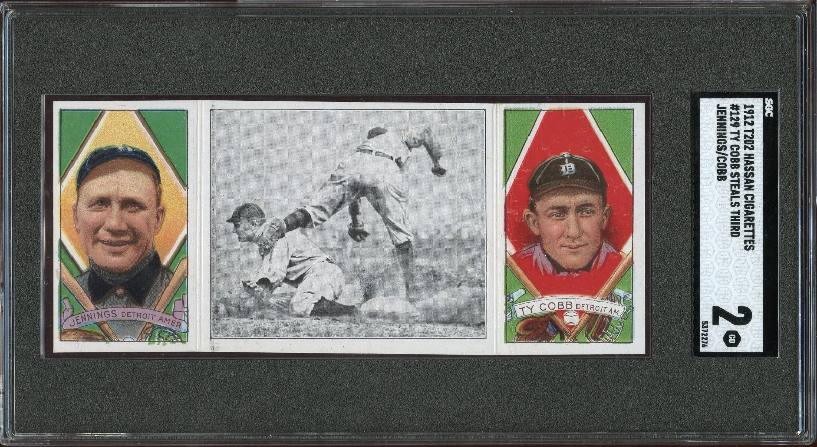 1912 T202 Hassan Cigarettes JENNINGS / TY COBB Steals Third Graded SGC 2