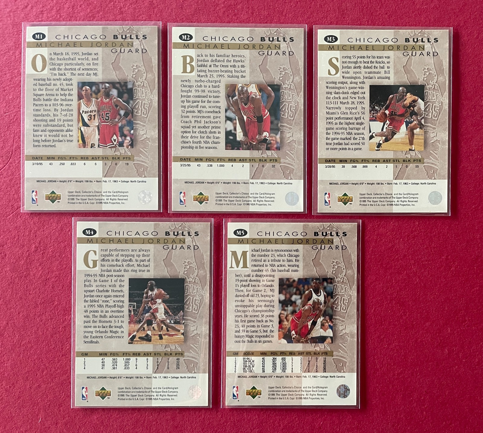 Free Ship – 1995 Upper Deck Michael Jordan Collectors Choice Insert Set M1 – M5